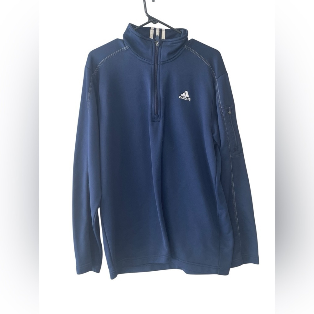 Adidas Black and Blue Pullover with white stripes and 3/4 zip